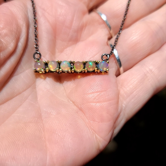 6k Opal sterling rhodium & gold bar necklace - Picture 5 of 6
